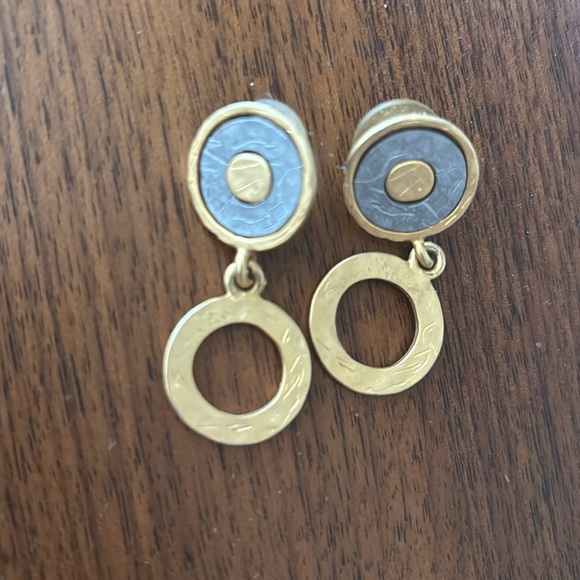 Double Circle Textured Matte Gold and Silver Metal Drop Pierced Earrings - Picture 3 of 3